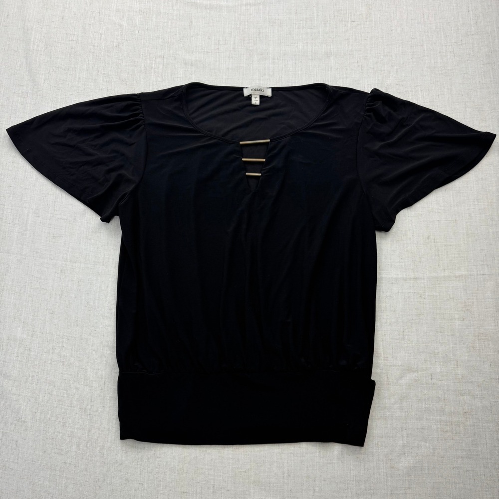 Meraki Womens Black Keyhole Blouse Gold Bar Accent Flutter Sleeve‎ Top Large